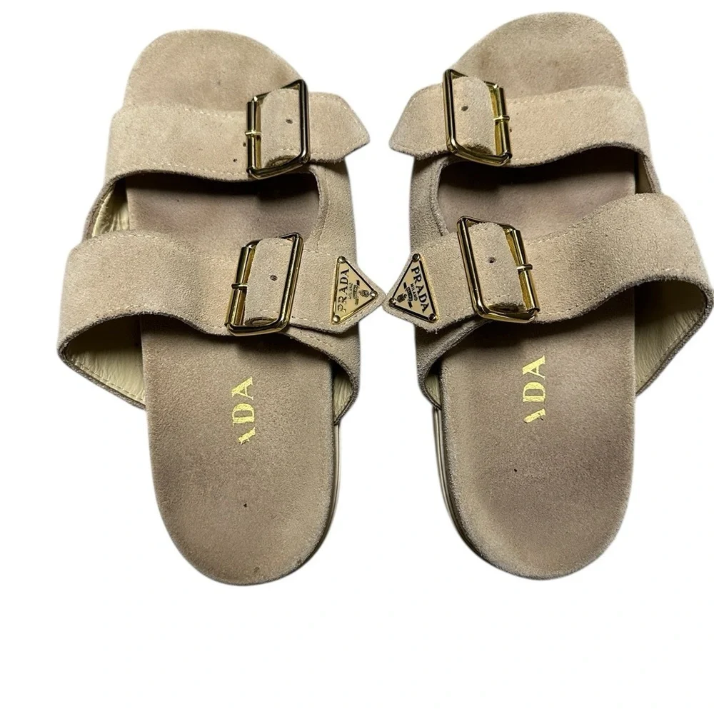 Prada Beige Suede Sandals with Gold Buckles, sz 37 pre-owned